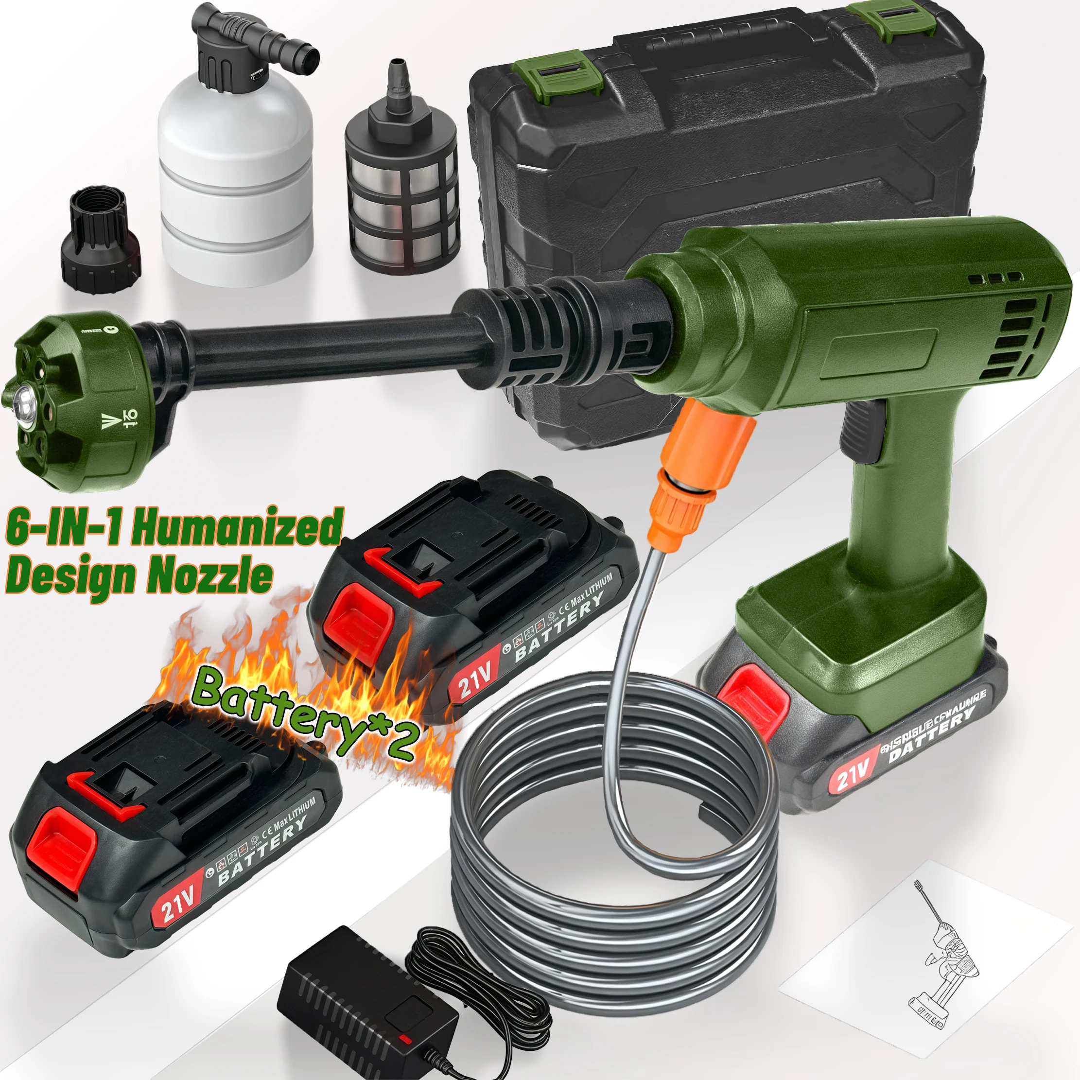 New 6-in-1 portable wireless high-pressure car washer with water gun, quick-connect nozzle hose connector, two high-capacity lit
New 6-in-1 portable wireless high-pressure car washer with water gun, quick-connect nozzle hose connector, two high-capacity lit