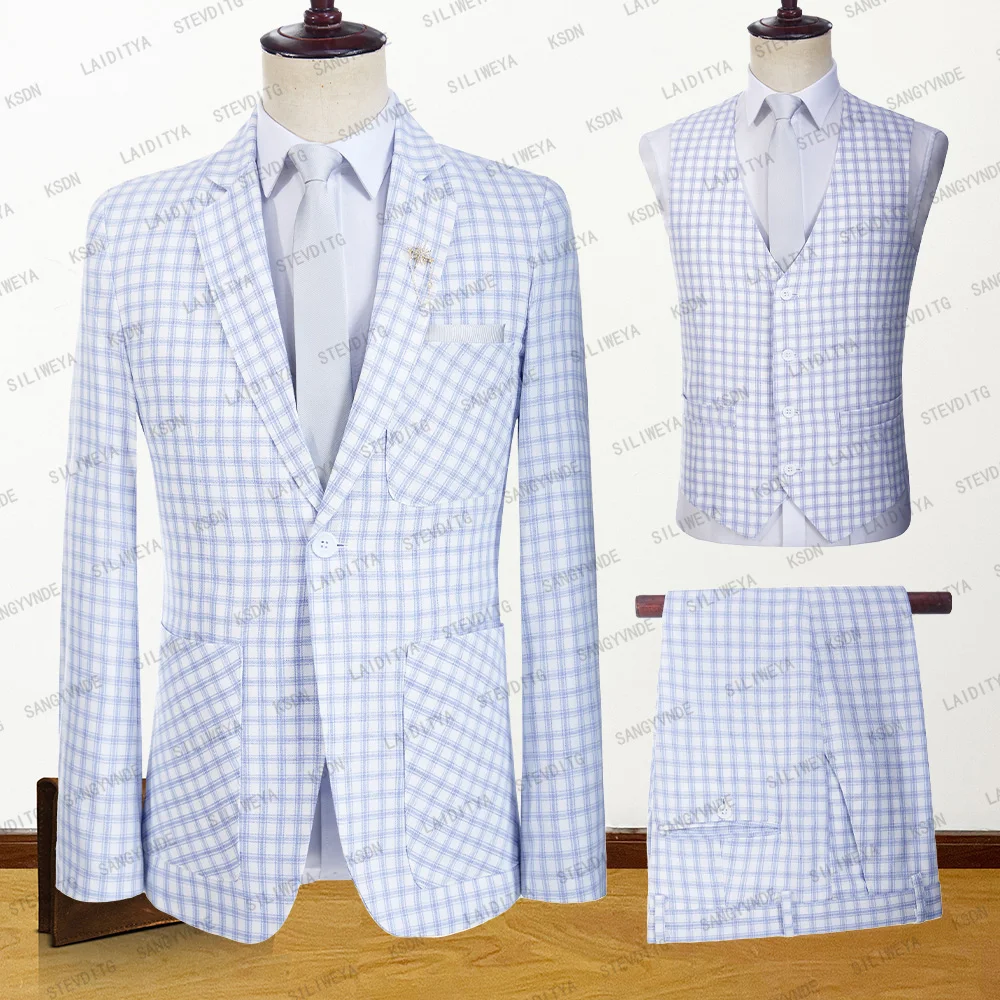 2023 Fashion Summer Men Linen Casual Business Light Blue White Classic Plaid Suits Slim Fit Formal 3 Pcs Set Jacket Vest Pants
2023 Fashion Summer Men Linen Casual Business Light Blue White Classic Plaid Suits Slim Fit Formal 3 Pcs Set Jacket Vest Pants