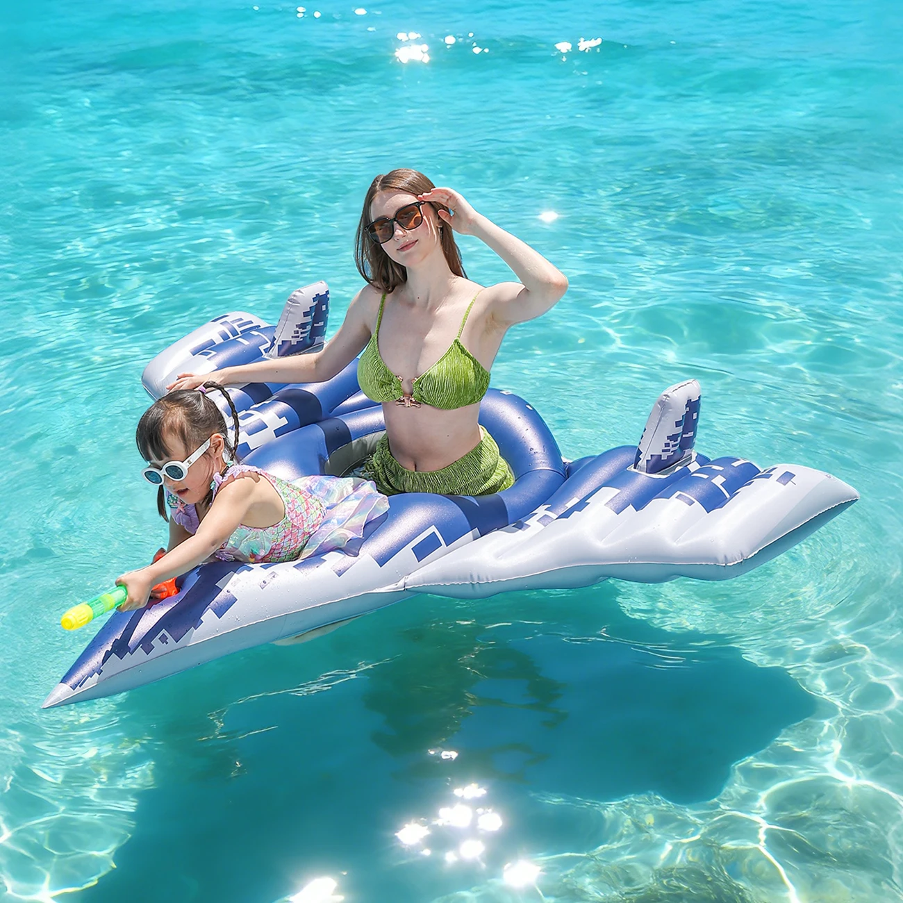 1PC Inflatable Fighter Jet Pool Float with Water Gun, Kids Ride On Swim Ring, Summer Beach Pool Water Toy