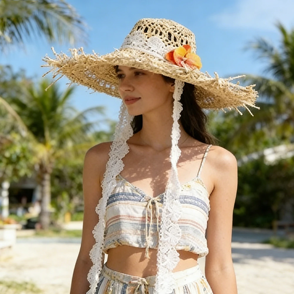 Women's summer bohemian-style corn husk hats with lace ribbons and flowers for beach vacations and sun protection trips
Women's summer bohemian-style corn husk hats with lace ribbons and flowers for beach vacations and sun protection trips