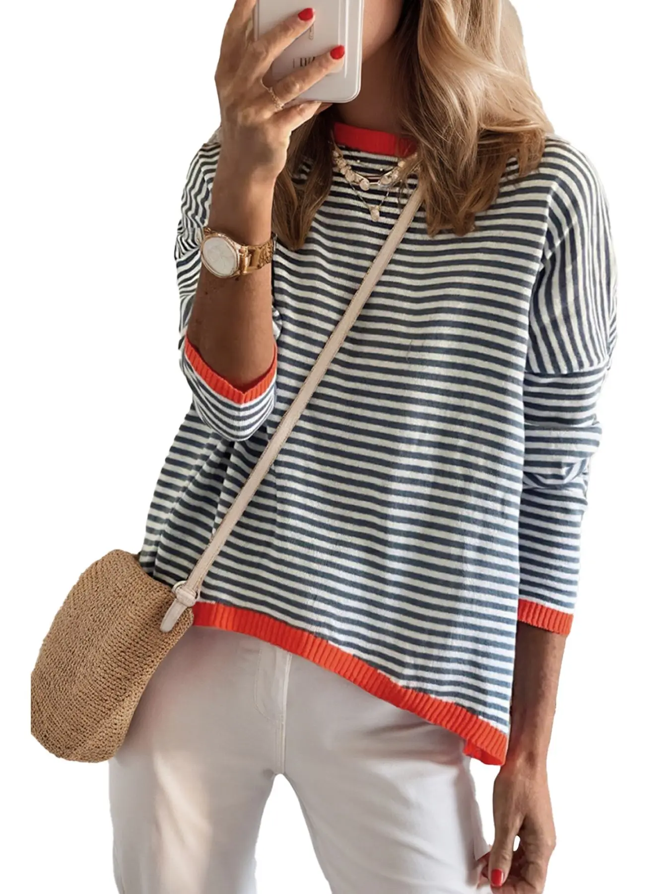 Womens Stripes Print Sweaters Tops Long Sleeve Crewneck Block Drop Shoulder Pullover Shirts, Casual Style
Womens Stripes Print Sweaters Tops Long Sleeve Crewneck Block Drop Shoulder Pullover Shirts, Casual Style