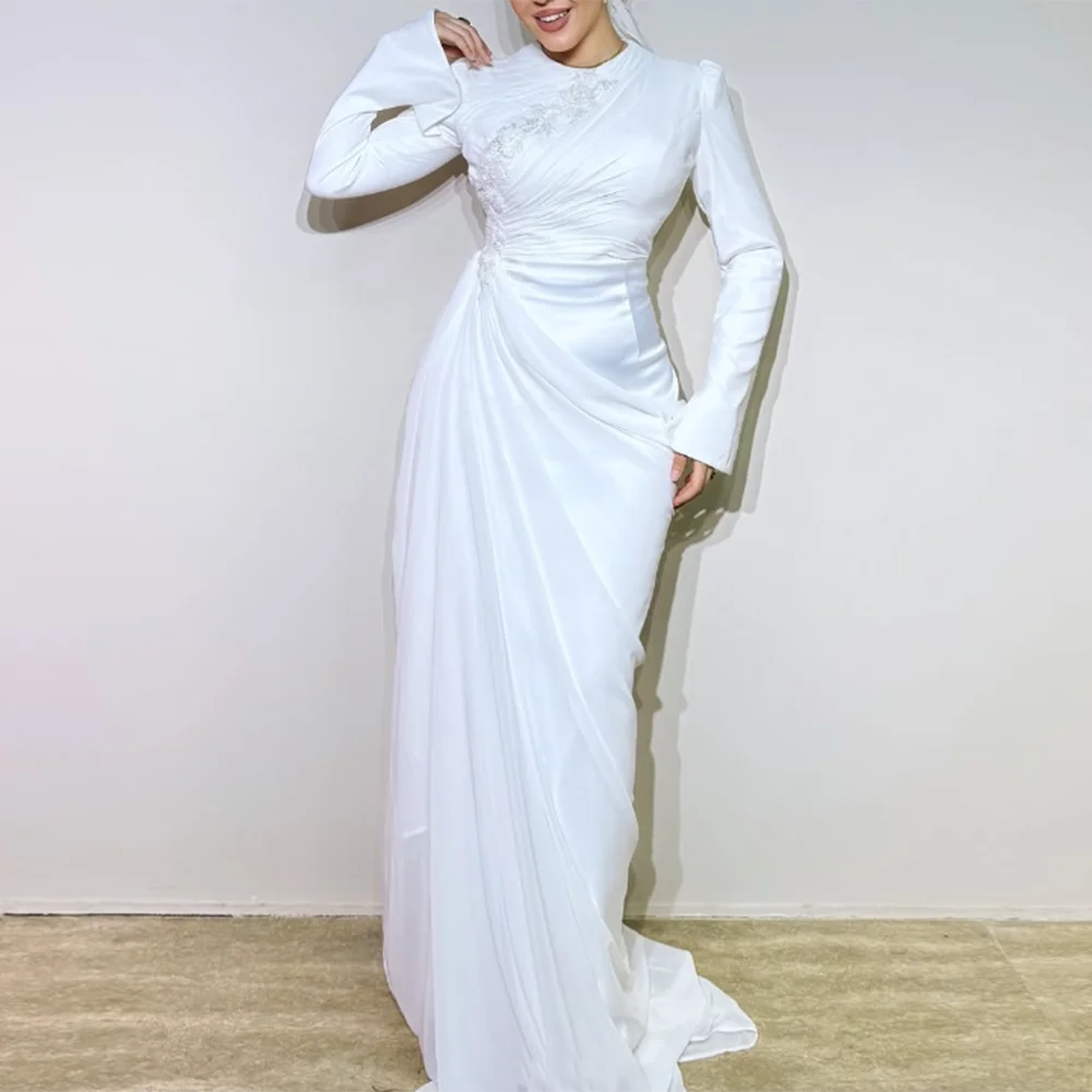 Customized White Straight Prom Dresses Floor-Length O-Neck Full Sleeve Evening Gown Fashion Embroidery Flowers Draped Party Gown
Customized White Straight Prom Dresses Floor-Length O-Neck Full Sleeve Evening Gown Fashion Embroidery Flowers Draped Party Gown