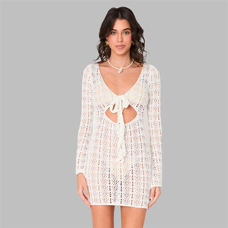Women's Sexy Long Sleeve Deep V Neck Lace-Up Hollow out Bodycon Knit Dress Tunic Summer Crochet Bikini Cover-Up Beach Swimwear
Women's Sexy Long Sleeve Deep V Neck Lace-Up Hollow out Bodycon Knit Dress Tunic Summer Crochet Bikini Cover-Up Beach Swimwear