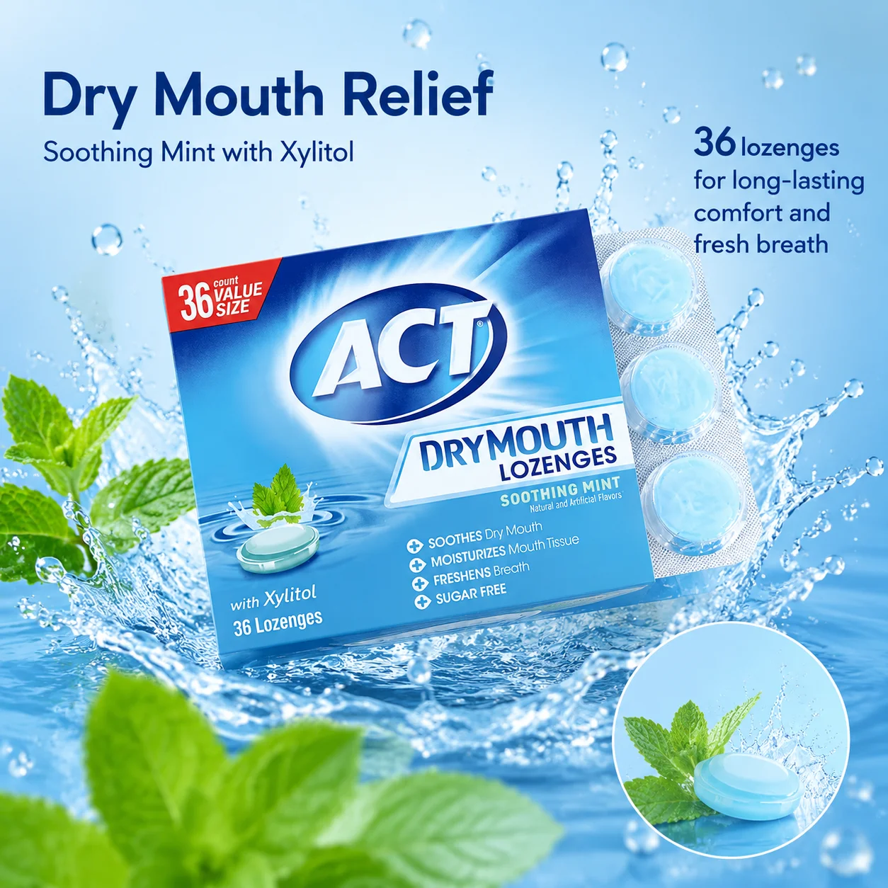 ACT Dry Mouth Lozenges Soothing Mint Flavor Xylitol Oral Moisturizer 36pcs Fresh Breath Cavity Protection
ACT Dry Mouth Lozenges Soothing Mint Flavor Xylitol Oral Moisturizer 36pcs Fresh Breath Cavity Protection