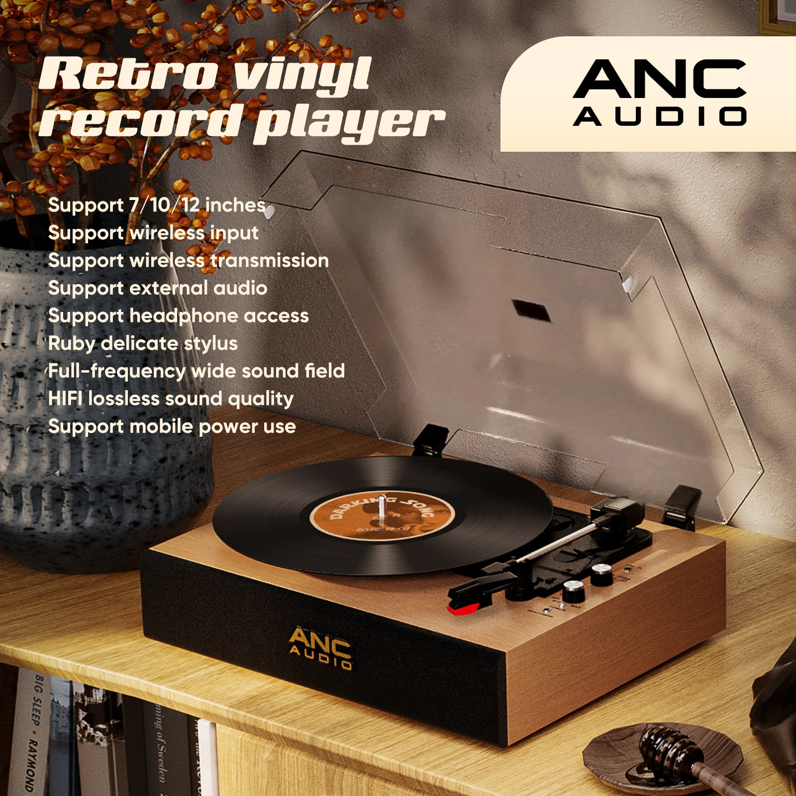 ANC Vinyl Record Player Retro Player Stereo Speaker Turntable Bluetooth Speaker Wireless Input and Output, Support 7/10/12 Inch
ANC Vinyl Record Player Retro Player Stereo Speaker Turntable Bluetooth Speaker Wireless Input and Output, Support 7/10/12 Inch