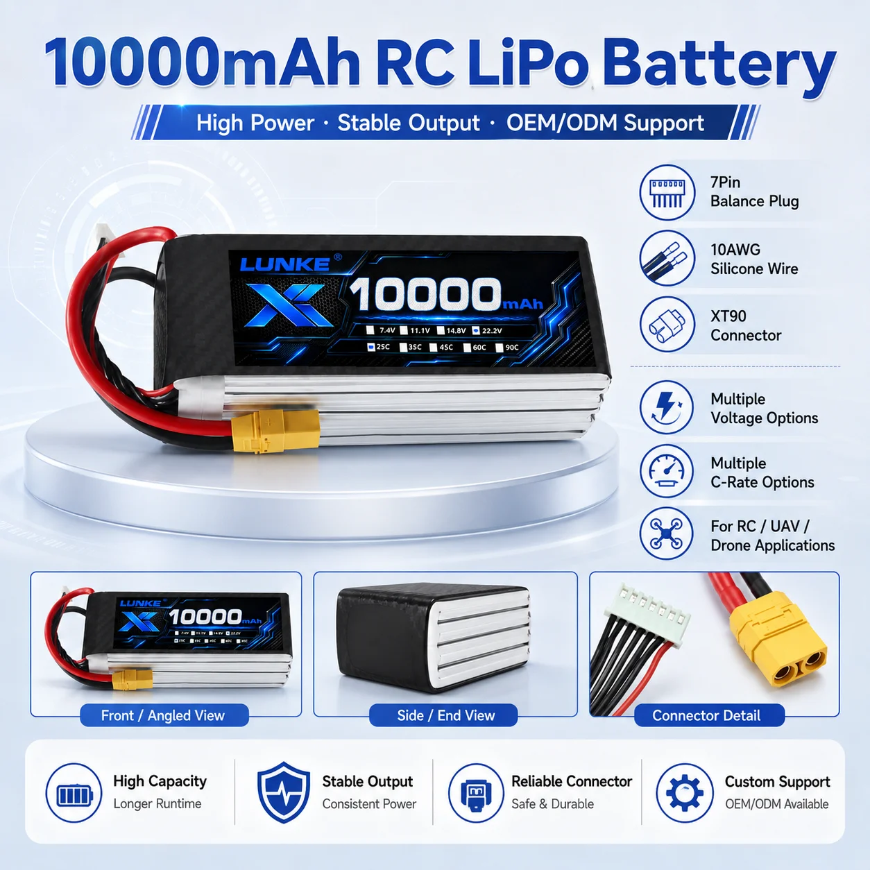 6S 22.2V 10000mAh 25C High Performance LiPo Battery Pack with XT90 Plug for FPV Drone UAV RC Aircraft
6S 22.2V 10000mAh 25C High Performance LiPo Battery Pack with XT90 Plug for FPV Drone UAV RC Aircraft