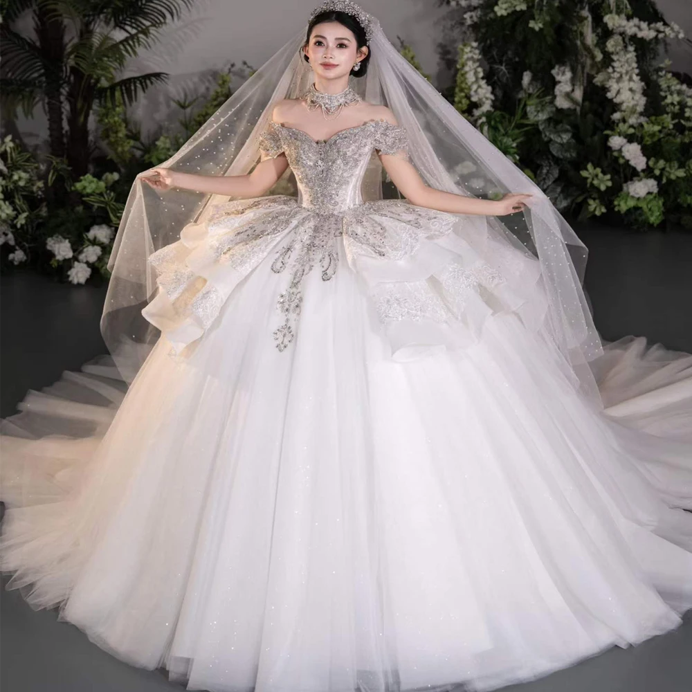 New Bride Dress With Long Veil Off The Shoulder Crystal Beading wedding dresses 2026 luxury
New Bride Dress With Long Veil Off The Shoulder Crystal Beading wedding dresses 2026 luxury
