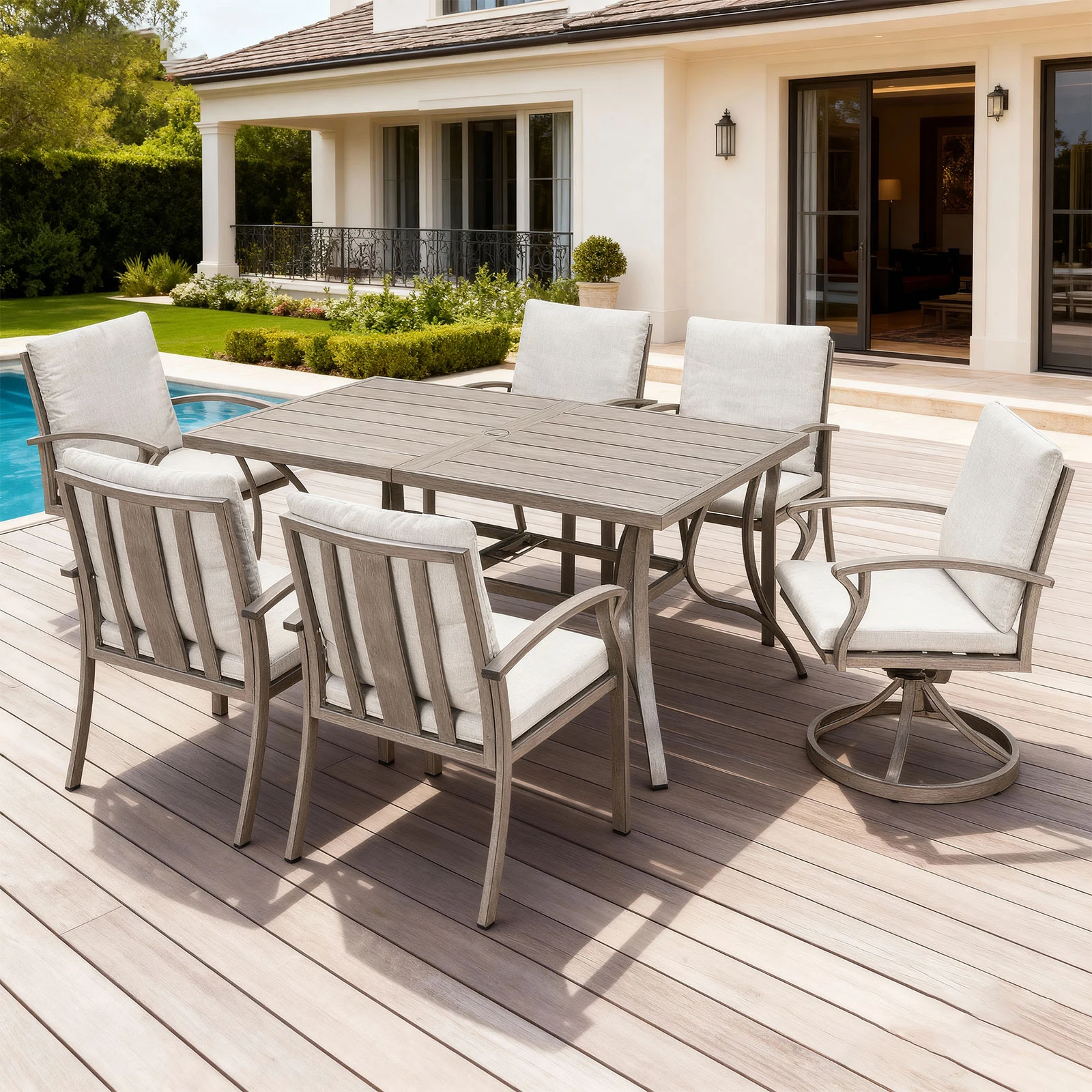SeeHill 7-Piece Dining Set, Aluminum Patio Table with Umbrella Hole, Outdoor Furniture with 4 Dining Chairs & 2 Swivel Chairs
SeeHill 7-Piece Dining Set, Aluminum Patio Table with Umbrella Hole, Outdoor Furniture with 4 Dining Chairs & 2 Swivel Chairs