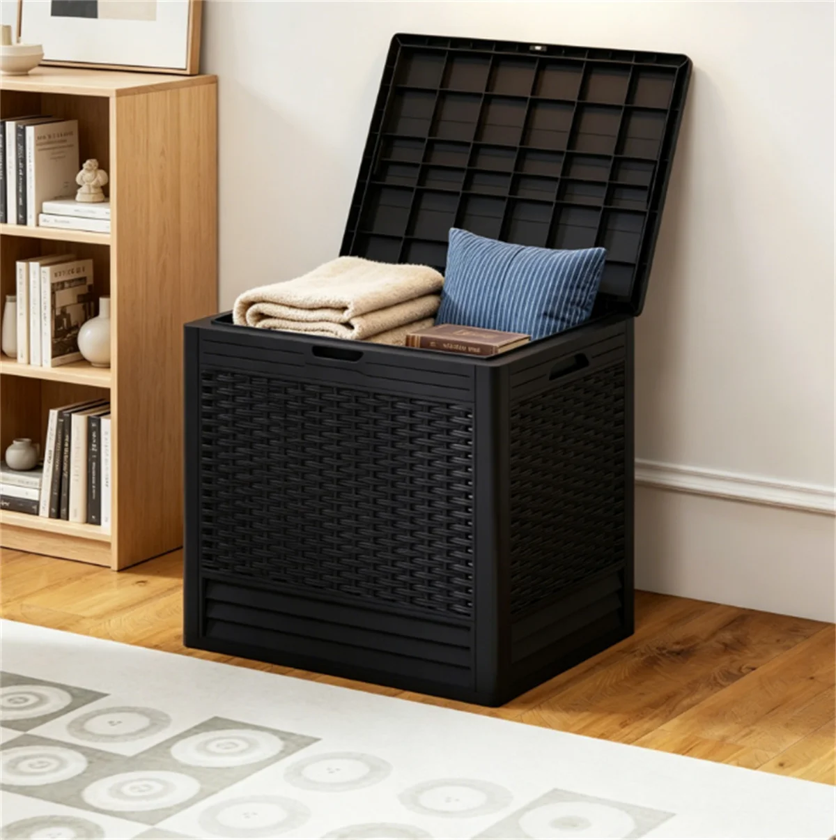 25-gallon outdoor deck box, weatherproof PP storage box with rattan texture
25-gallon outdoor deck box, weatherproof PP storage box with rattan texture