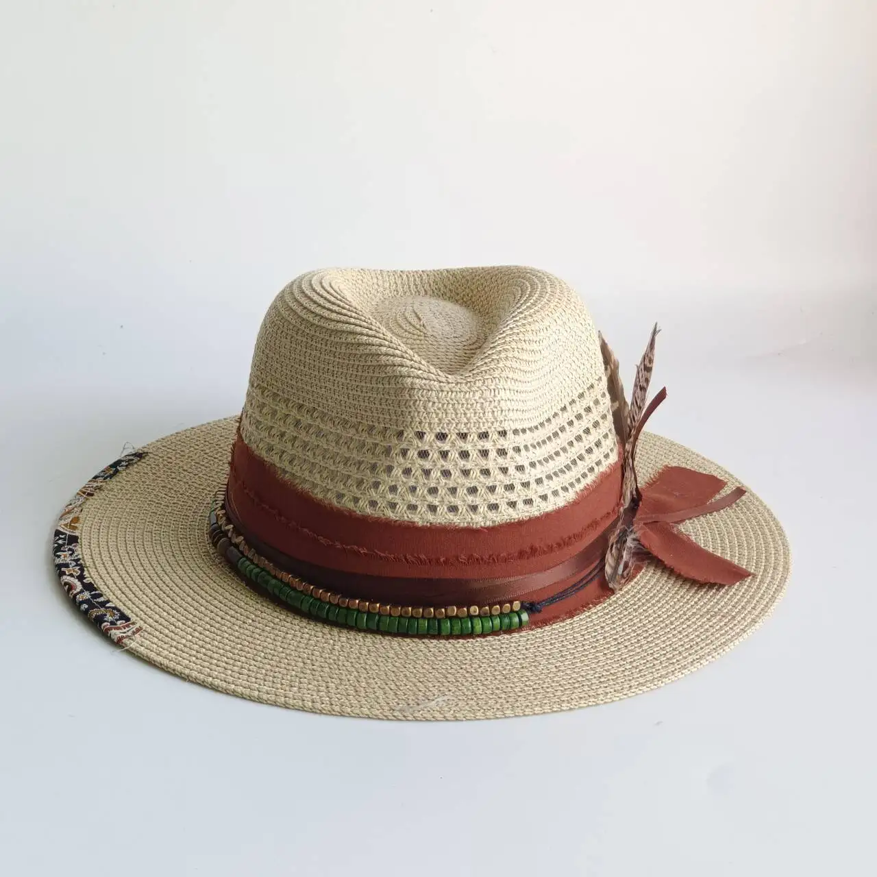 Bohemian Beige Straw Fedora Hat with Feather & Beaded Ribbon Western Style Wide Brim Summer Sun Hat for Women
Bohemian Beige Straw Fedora Hat with Feather & Beaded Ribbon Western Style Wide Brim Summer Sun Hat for Women