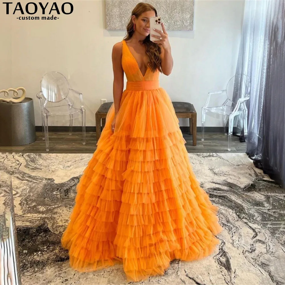 Elegant Orange Tulle Layered Prom Ball Gown Pleated Women Evening Dresses Deep V-neck Long Party Formal Dress Robe De Soiree
Elegant Orange Tulle Layered Prom Ball Gown Pleated Women Evening Dresses Deep V-neck Long Party Formal Dress Robe De Soiree