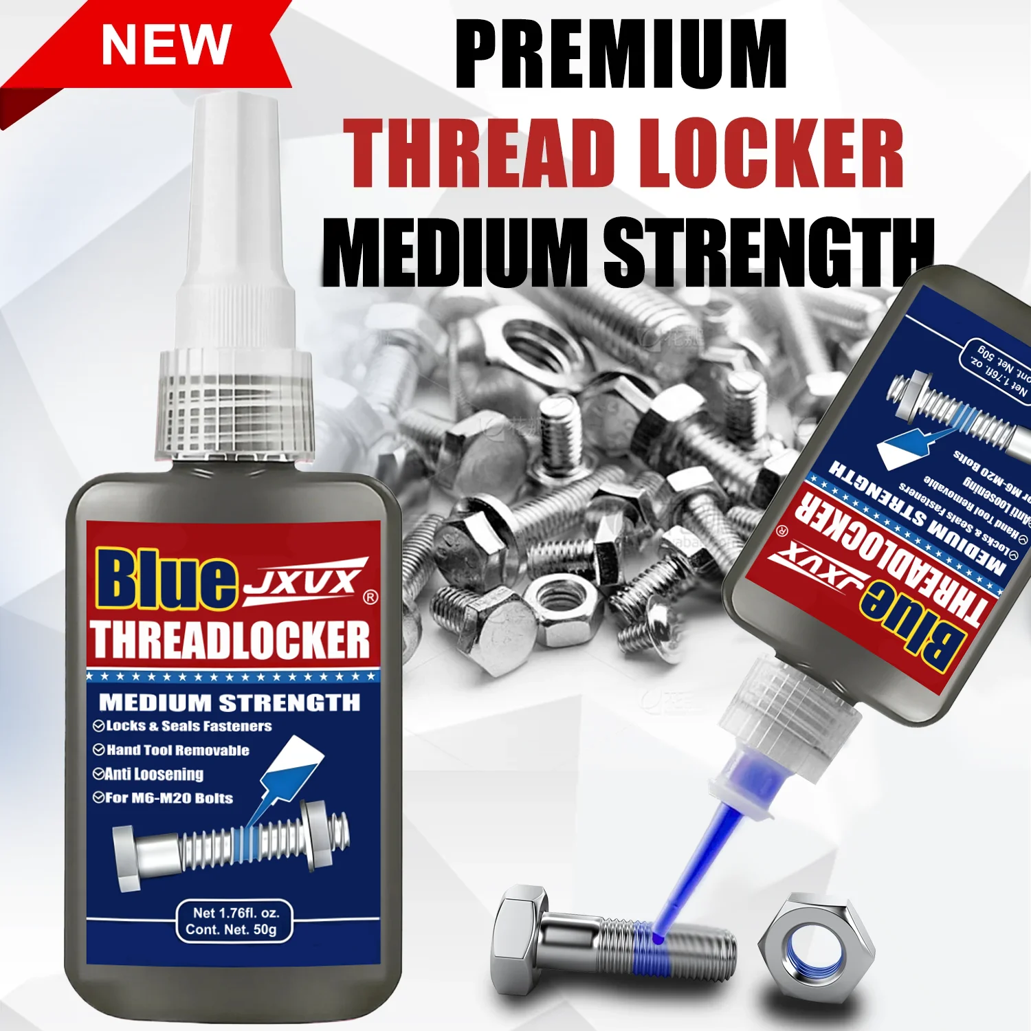 JXVX 1–6pcs 50ml Anaerobic Adhesive, Medium Strength, Quick-drying Threadlocker, Oil-Water-resistant, Heat-resistant. Suitable on metal bolts, nuts and screws, performance in automotive, machinery, electronics.
JXVX 1–6pcs 50ml Anaerobic Adhesive, Medium Strength, Quick-drying Threadlocker, Oil-Water-resistant, Heat-resistant. Suitable on metal bolts, nuts and screws, performance in automotive, machinery, electronics.