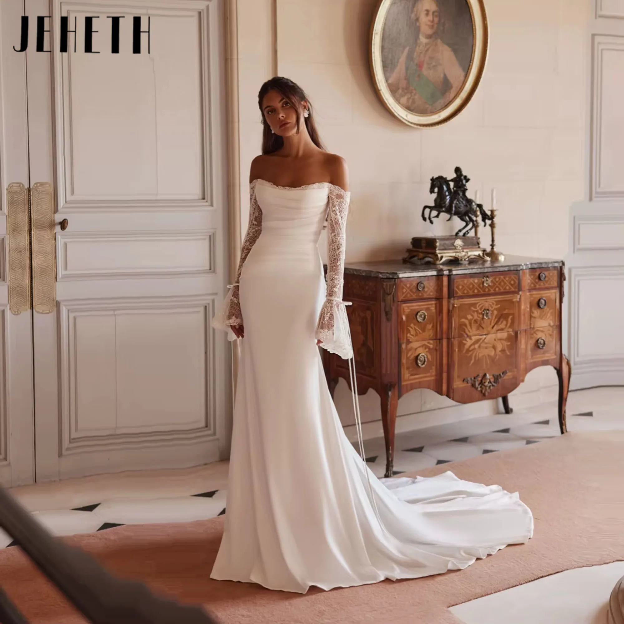 JEHETH Simple Elegant Beaded Lace Satin Mermaid Flare Sleeve Wedding Dress Dreamy Off Shoulder Bridal Gown New Dress Customized
JEHETH Simple Elegant Beaded Lace Satin Mermaid Flare Sleeve Wedding Dress Dreamy Off Shoulder Bridal Gown New Dress Customized