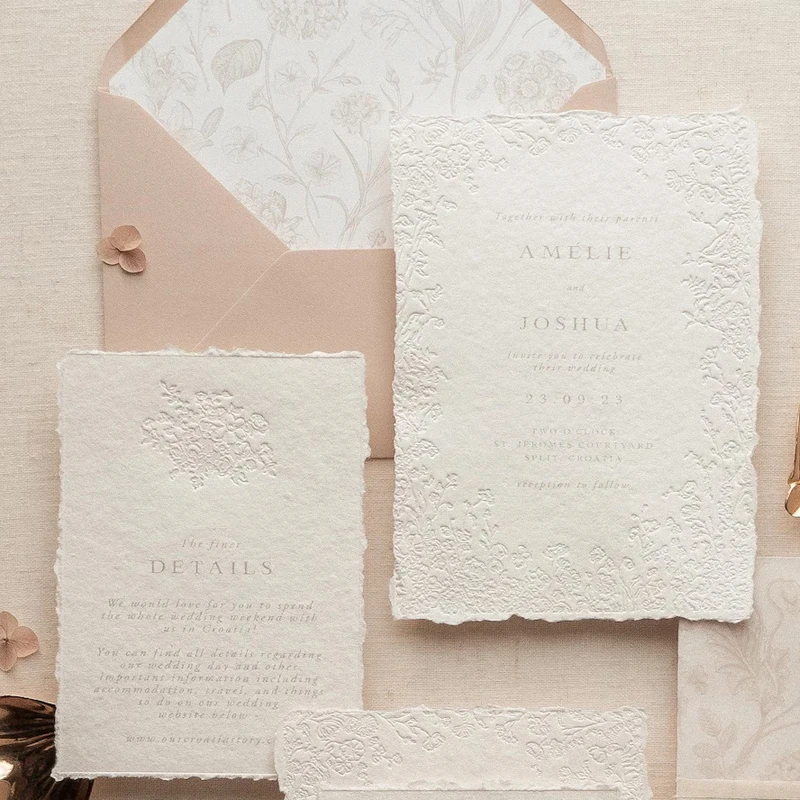 Handmade Cotton Paper Invitations,Embossed Wildflower Wedding Invitation Suite,Wedding Cards with Envelopes,Detail Favors
Handmade Cotton Paper Invitations,Embossed Wildflower Wedding Invitation Suite,Wedding Cards with Envelopes,Detail Favors
