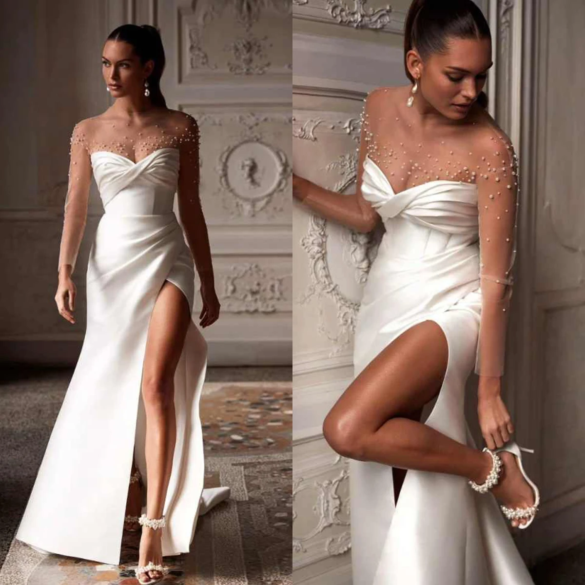 Exquisite Bead Wedding Dress Sweetheart Lace Long Sleeve Button Front Split A-Line Applique Luxury Bridal Gown Customized
Exquisite Bead Wedding Dress Sweetheart Lace Long Sleeve Button Front Split A-Line Applique Luxury Bridal Gown Customized