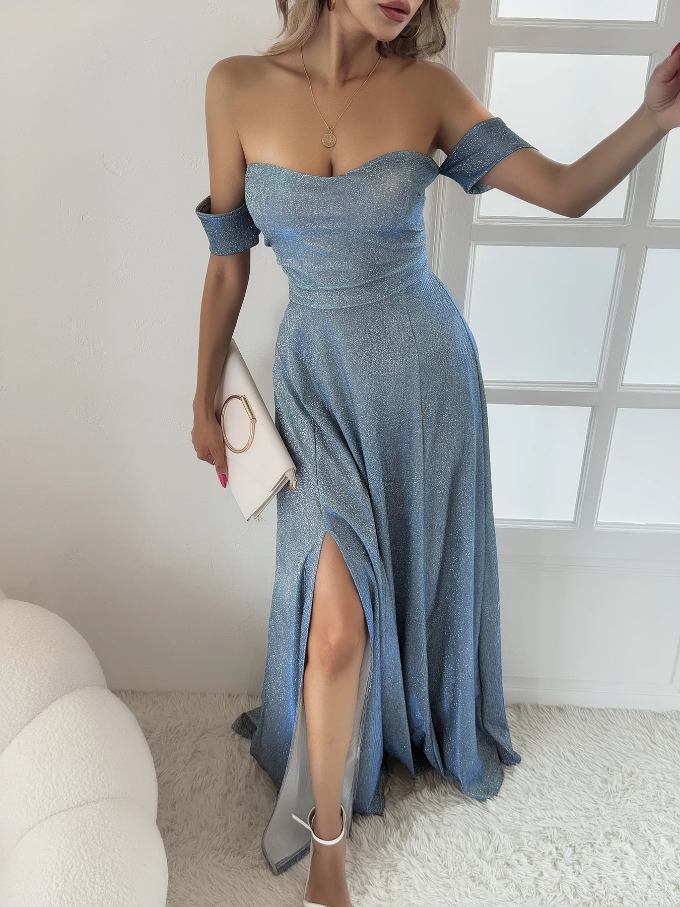 Women's Sequin Ball Gown - Off-Shoulder Sparkling Wedding Guest Dress with High-Low Hem, Elegant Formal Party Gown
Women's Sequin Ball Gown - Off-Shoulder Sparkling Wedding Guest Dress with High-Low Hem, Elegant Formal Party Gown
