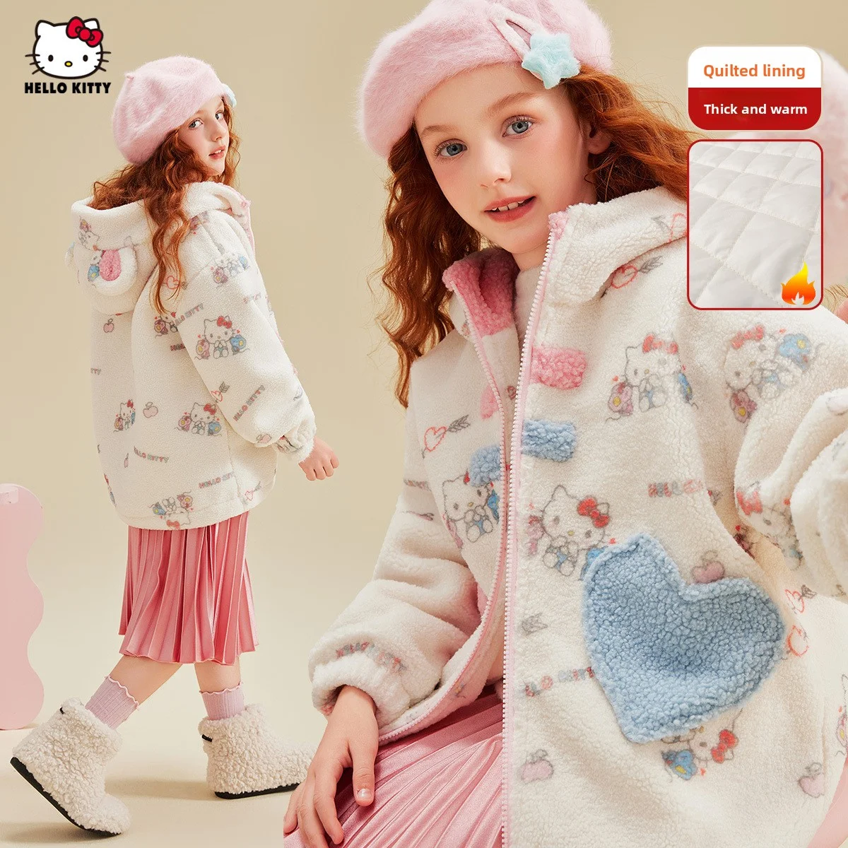 Sanrio Licensed 3D Ears and Heart Patch Thick Warm Hooded Jacket - Soft Polyester Loose Snowcoat with Zipper Closure and Pocket
Sanrio Licensed 3D Ears and Heart Patch Thick Warm Hooded Jacket - Soft Polyester Loose Snowcoat with Zipper Closure and Pocket