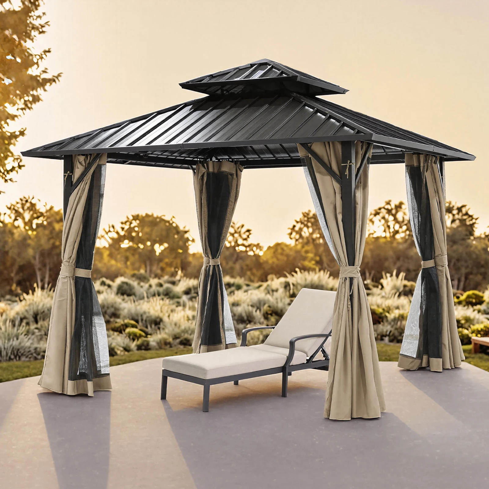 SeeHill 12' x 12' Patio Hardtop Gazebo with Aluminum Frame, Double Roof Outdoor Canopy with Netting and Side Curtains 
SeeHill 12' x 12' Patio Hardtop Gazebo with Aluminum Frame, Double Roof Outdoor Canopy with Netting and Side Curtains