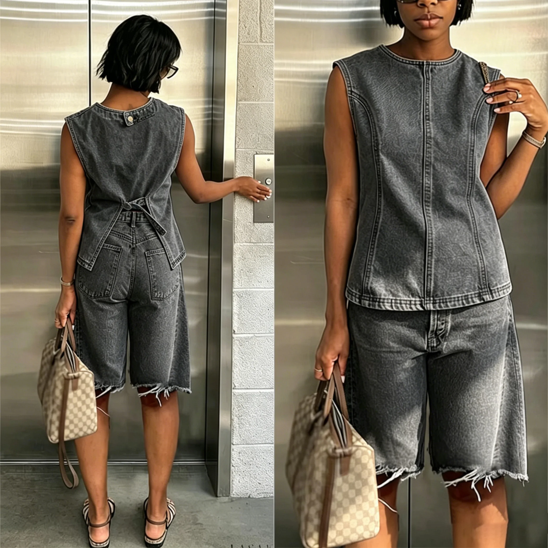 Retro minimalist denim vest and shorts set, featuring a sleeveless round neck top with a knotted detail at the back, high-waisted frayed wide-leg pants with a distressed washed finish, perfect for casual and individualistic everyday wear.
Retro minimalist denim vest and shorts set, featuring a sleeveless round neck top with a knotted detail at the back, high-waisted frayed wide-leg pants with a distressed washed finish, perfect for casual and individualistic everyday wear.
