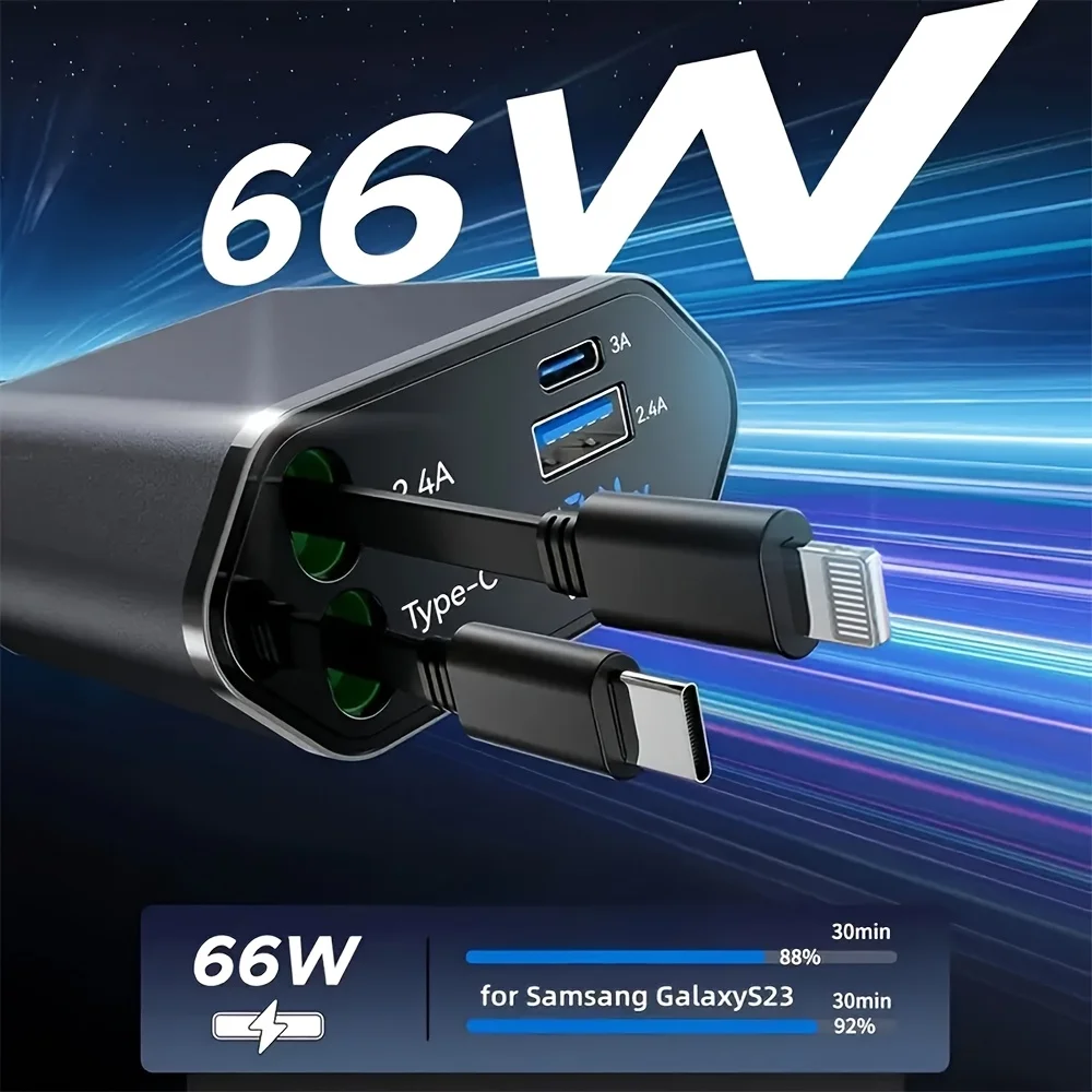 4-in-1 Rapid Car Charger with Retractable 66W Max66W, Adjustable 180° Plug, Includes 2.6ft Retractable Cable, USB and Type-C
4-in-1 Rapid Car Charger with Retractable 66W Max66W, Adjustable 180° Plug, Includes 2.6ft Retractable Cable, USB and Type-C