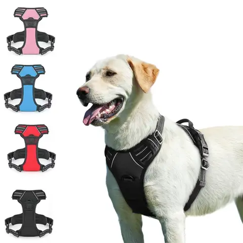 Arnés para perros sin tirones con 2 clips de correa, acolchado suave ajustable, chaleco Oxford reflectante sin estrangulamiento para mascotas con mango de fácil control