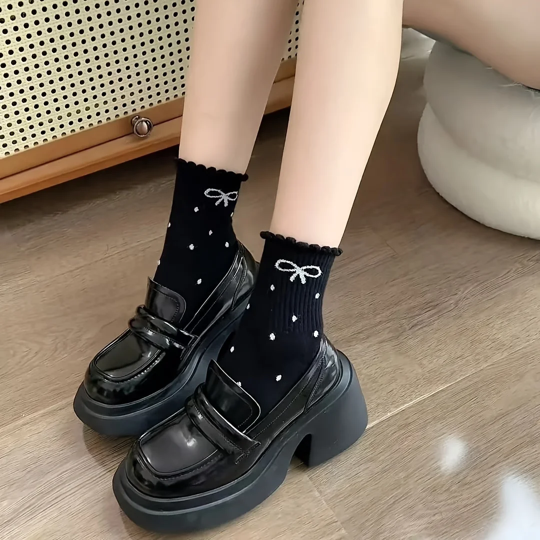 4 Pairs Bow & Polka Dot Print Socks, Cute Japanese Style Ruffle Mid Tube Socks For Fall & Winter, Women's Stockings & Hosiery
4 Pairs Bow & Polka Dot Print Socks, Cute Japanese Style Ruffle Mid Tube Socks For Fall & Winter, Women's Stockings & Hosiery