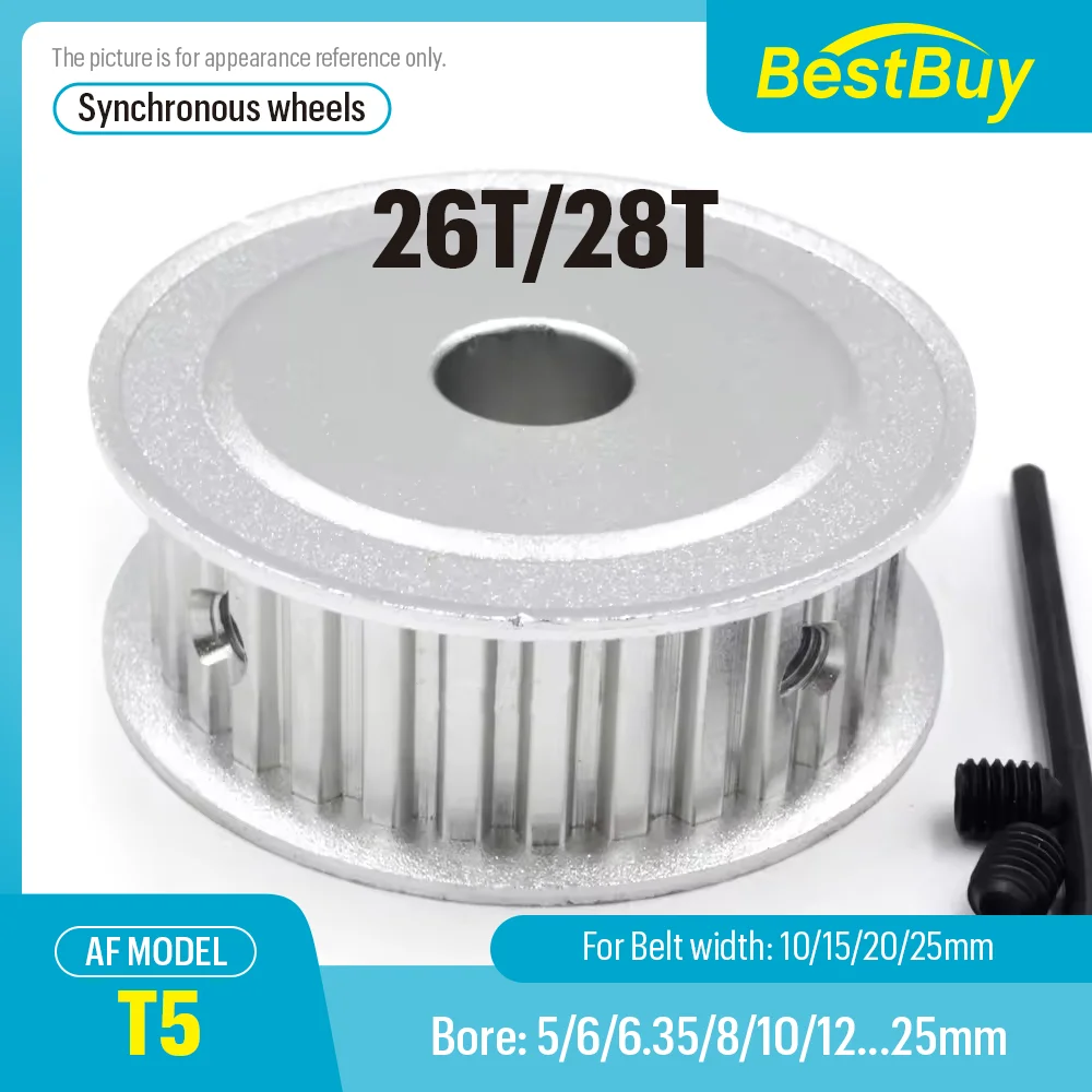 26T/28T T5 Pulley AF Groove Width 10/15/20/25mm Hole 5/6/6.35/7/8/10/12/12.7-25mm Two-Side Flat Synchronous Pulley
26T/28T T5 Pulley AF Groove Width 10/15/20/25mm Hole 5/6/6.35/7/8/10/12/12.7-25mm Two-Side Flat Synchronous Pulley