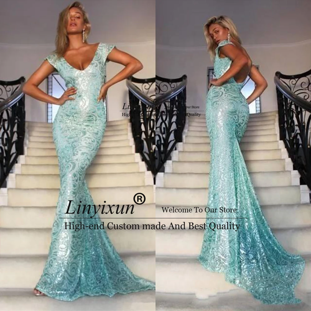 Classic Sequined Evening Gowns Deep V Neck Short Sleeves Long Mermaid Prom Dress Sweep Train Women's Special Occasion Gown
Classic Sequined Evening Gowns Deep V Neck Short Sleeves Long Mermaid Prom Dress Sweep Train Women's Special Occasion Gown