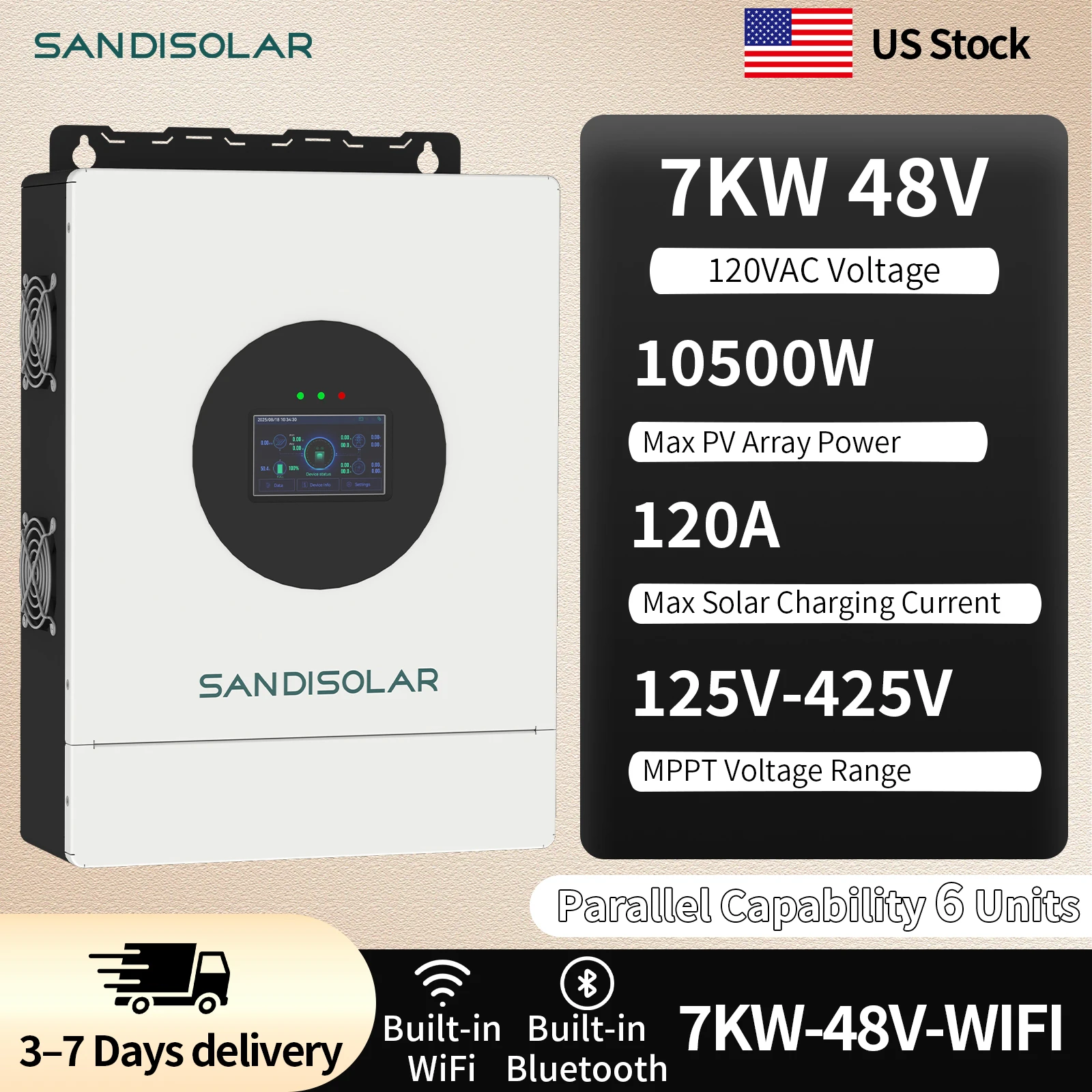 SANDISOLAR 7KW 48V Hybrid Solar Inverter Pure Sine Wave 220VAC 120A MPPT Solar Charge Controller Off Grid Tie Parallel System
SANDISOLAR 7KW 48V Hybrid Solar Inverter Pure Sine Wave 220VAC 120A MPPT Solar Charge Controller Off Grid Tie Parallel System