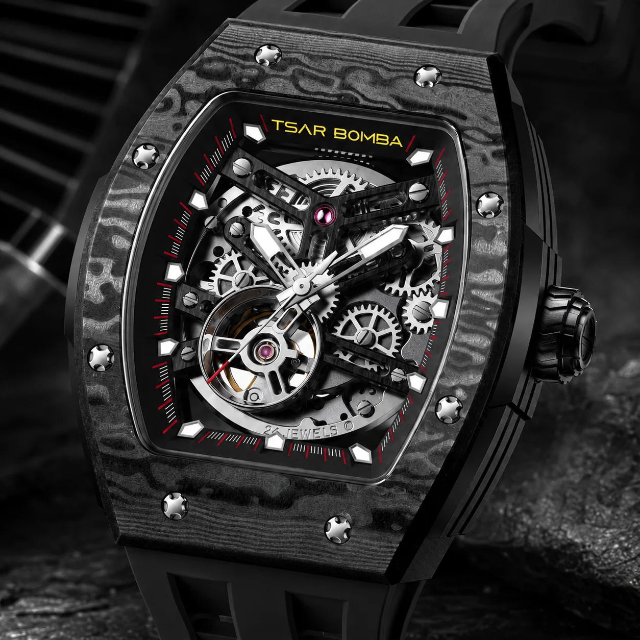 TSAR BOMBA Luxury Men's Automatic Mechanical Watch Miyota 316L Steel Carbon Fiber Sapphire 50M Water Resistant Skeleton Luminous
TSAR BOMBA Luxury Men's Automatic Mechanical Watch Miyota 316L Steel Carbon Fiber Sapphire 50M Water Resistant Skeleton Luminous