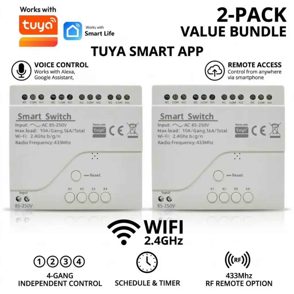 2PCS 4CH WiFi Smart Switch 220V 7-32V 10A Relay Module433Mhz Receiver Timer Voice Control for Light Motor Garage Works With Tuya
2PCS 4CH WiFi Smart Switch 220V 7-32V 10A Relay Module433Mhz Receiver Timer Voice Control for Light Motor Garage Works With Tuya
