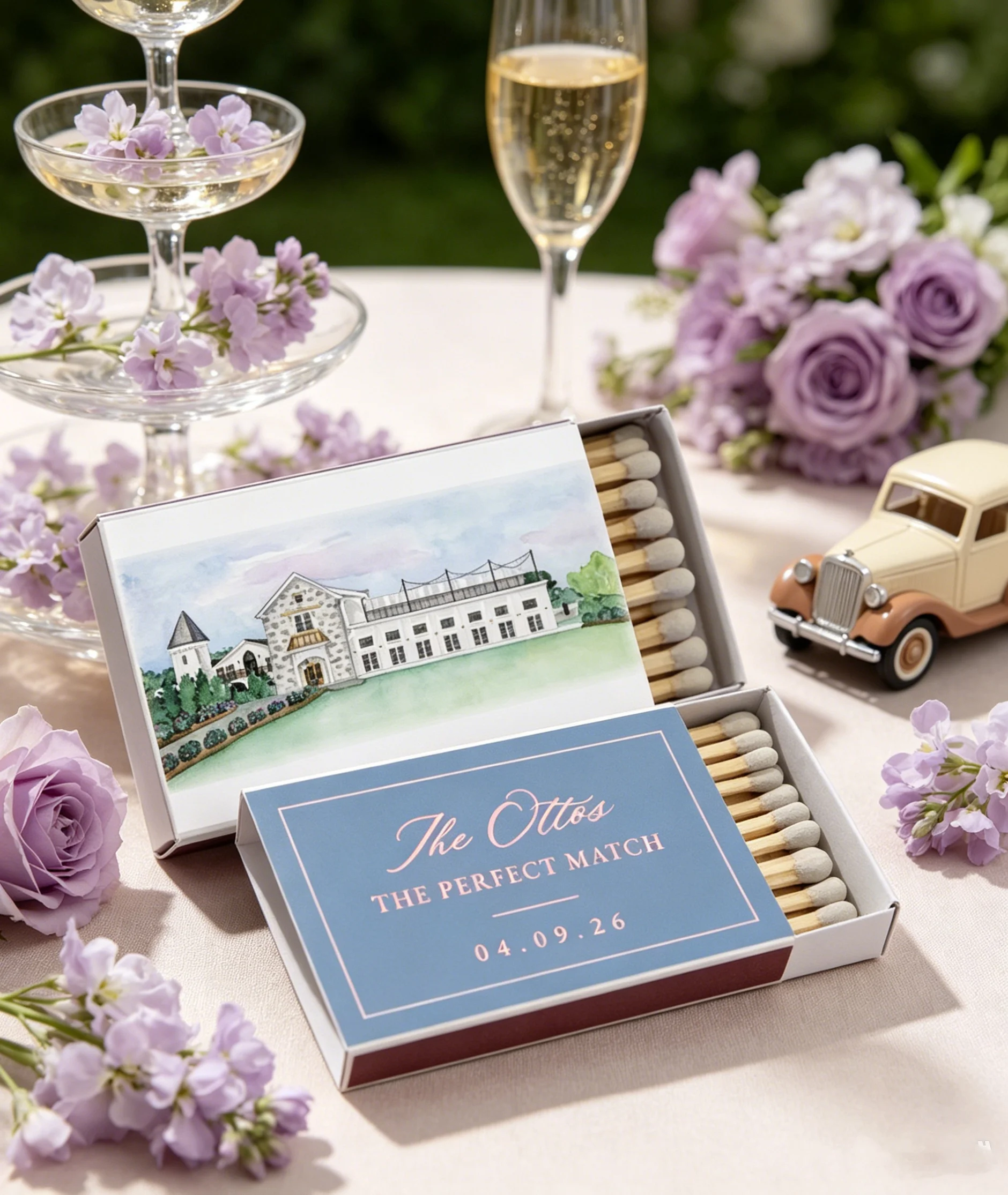 Hochzeits-Streichholzschachteln mit Champagner-Turm-Motiv, Individuelle Streichhölzer als Gastgeschenke für Probeessen & Partyde
Hochzeits-Streichholzschachteln mit Champagner-Turm-Motiv, Individuelle Streichhölzer als Gastgeschenke für Probeessen & Partyde