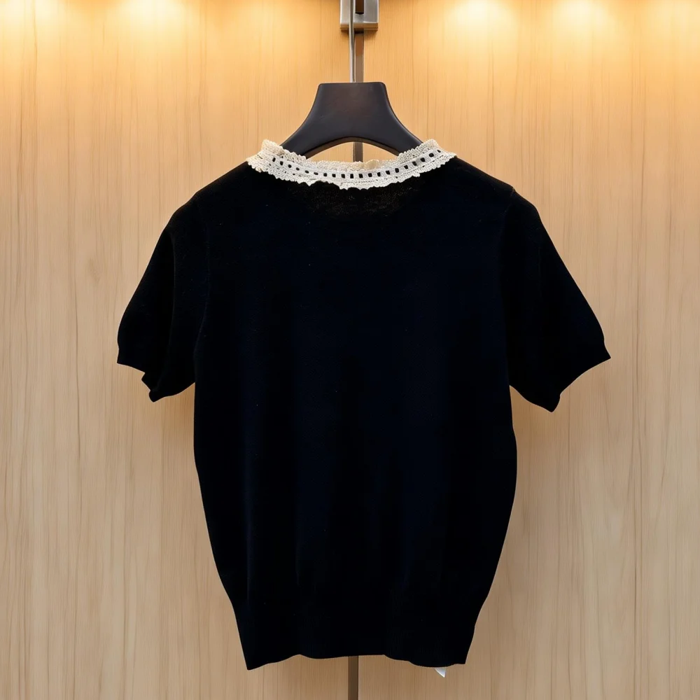 Women's Black Lace Collar Knit Top 2026 New Spring Summer Short Sleeve Sweater Elegant Bow Detail Casual Blouse Code 024
Women's Black Lace Collar Knit Top 2026 New Spring Summer Short Sleeve Sweater Elegant Bow Detail Casual Blouse Code 024