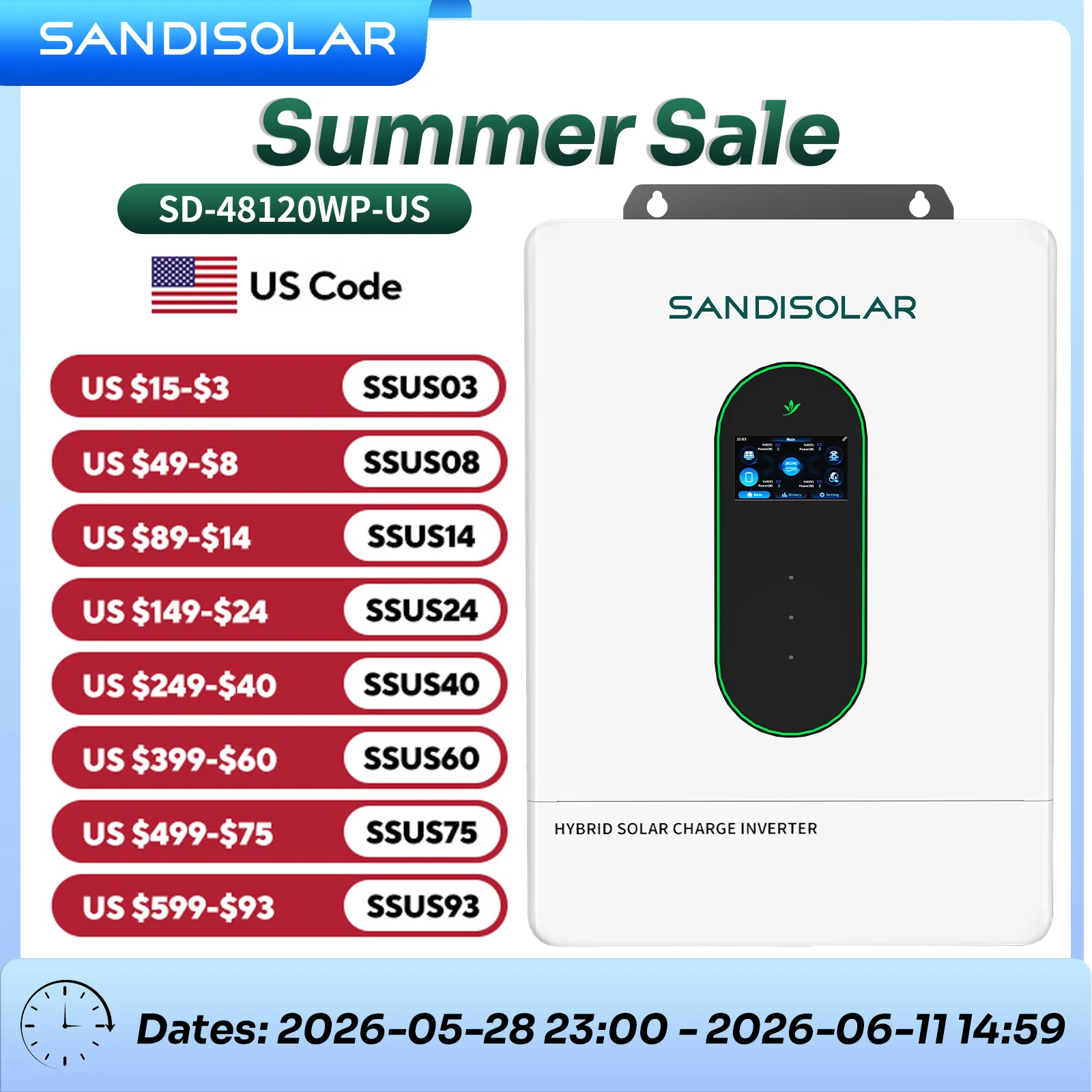 SANDISOLAR 12KW 48V Hybrid Solar Inverter 120V/240V Split Phase 250A MPPT 500VDC Off Grid Inverter with WIFI Parallel Function for Home Energy Storage System Battery Backup
SANDISOLAR 12KW 48V Hybrid Solar Inverter 120V/240V Split Phase 250A MPPT 500VDC Off Grid Inverter with WIFI Parallel Function for Home Energy Storage System Battery Backup