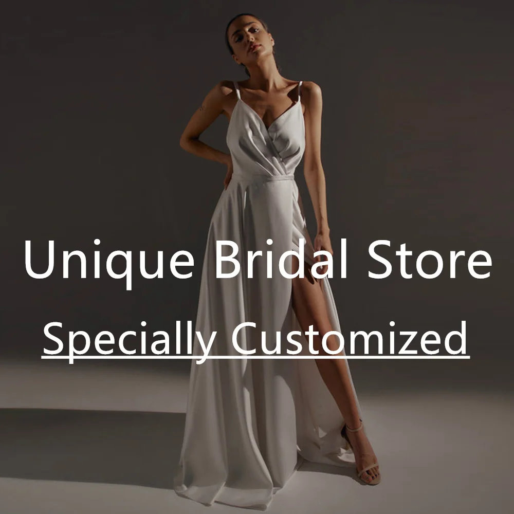 Romantic A-Line Sexy Satin Wedding Dress V-Neck Sleeveless Spaghetti Strap Backless Zipper Side Split Brush Train Bridal Gown
Romantic A-Line Sexy Satin Wedding Dress V-Neck Sleeveless Spaghetti Strap Backless Zipper Side Split Brush Train Bridal Gown