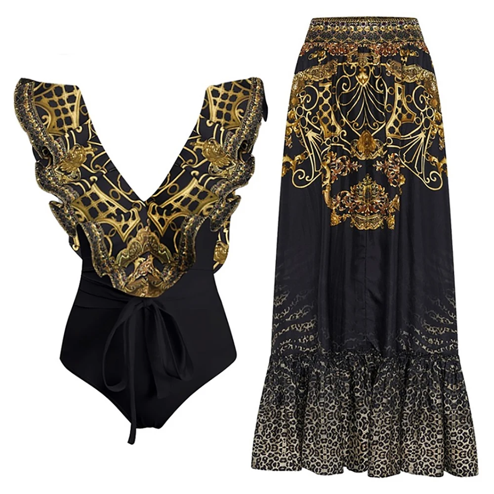 Sleeveless Ruffle V-Neck Printed Swimsuit Sexy Slim Fit Backless One Piece Bikini Chiffon Beach Skirt Luxury Swimwear 2024
Sleeveless Ruffle V-Neck Printed Swimsuit Sexy Slim Fit Backless One Piece Bikini Chiffon Beach Skirt Luxury Swimwear 2024