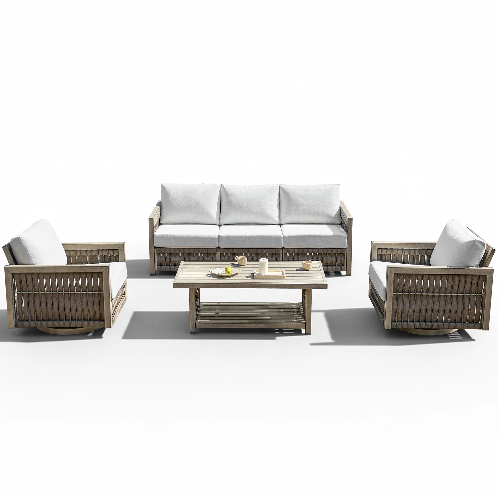 SeeHill 4-Piece Swivel Patio Set, Aluminum Rope Weave Conversation Furniture with Cushions, Sofa and Chairs, Gray Oak
SeeHill 4-Piece Swivel Patio Set, Aluminum Rope Weave Conversation Furniture with Cushions, Sofa and Chairs, Gray Oak