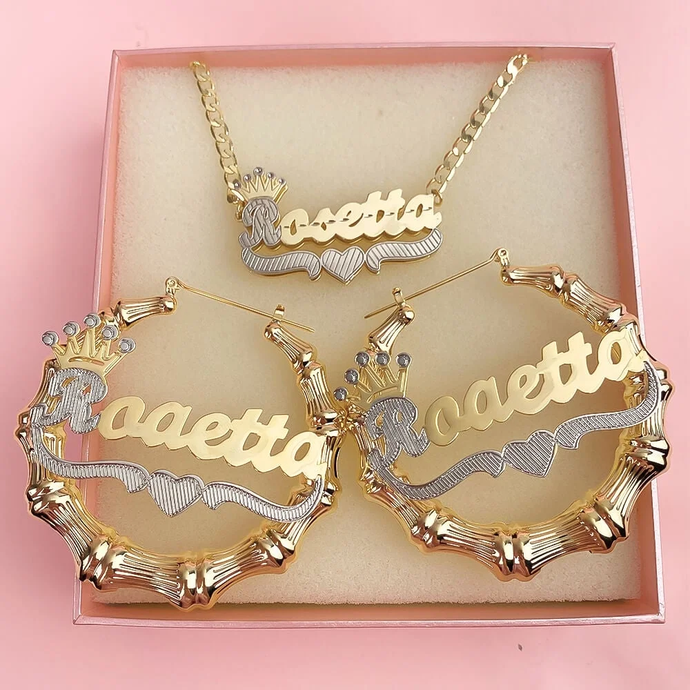 Double Crown Necklace Earrings Set Custom Name Bamboo Earrings Double Plate Necklace Personalized Name Jewelry Gift For Her
Double Crown Necklace Earrings Set Custom Name Bamboo Earrings Double Plate Necklace Personalized Name Jewelry Gift For Her