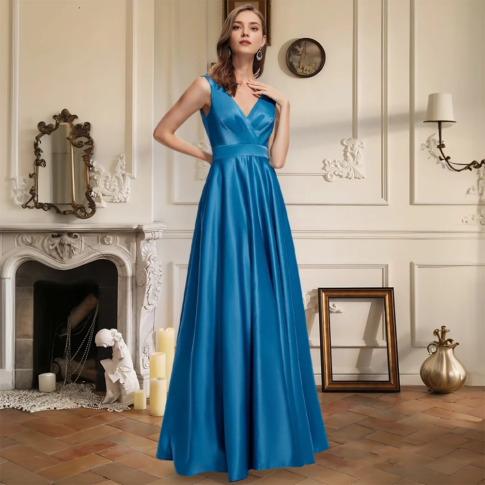 Evening Dress Women's A-Line V-Neck Floor-Length Satin Gown Pleated Summer Formal Prom Wedding Party Dresses With Belt Sash
Evening Dress Women's A-Line V-Neck Floor-Length Satin Gown Pleated Summer Formal Prom Wedding Party Dresses With Belt Sash