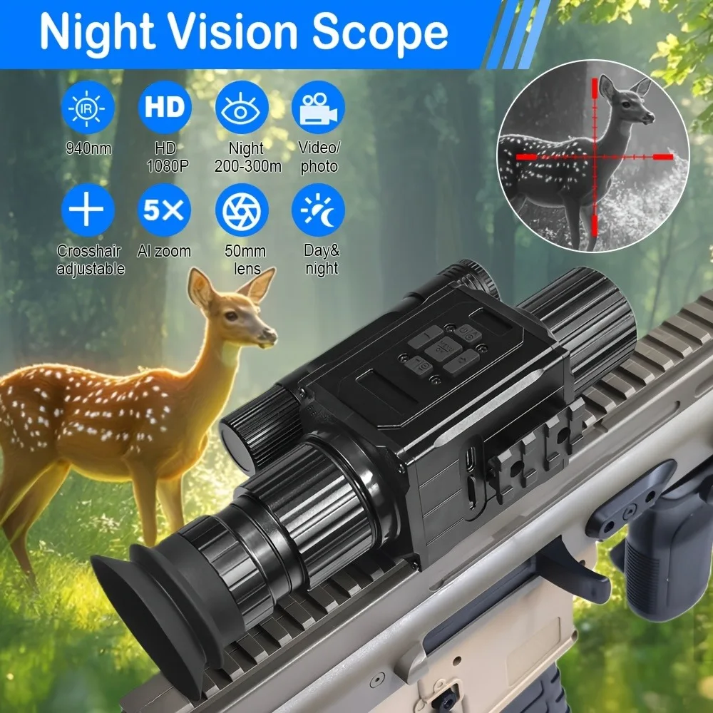 Outdoor night vision sight, 3-level 940nm infrared crosshair, 50mm zoom eyepiece, AI ZOOM 5X 1080P visible up to 300 meters, aluminum alloy with battery, suitable for outdoor/fishing/exploration/camping/security
Outdoor night vision sight, 3-level 940nm infrared crosshair, 50mm zoom eyepiece, AI ZOOM 5X 1080P visible up to 300 meters, aluminum alloy with battery, suitable for outdoor/fishing/exploration/camping/security