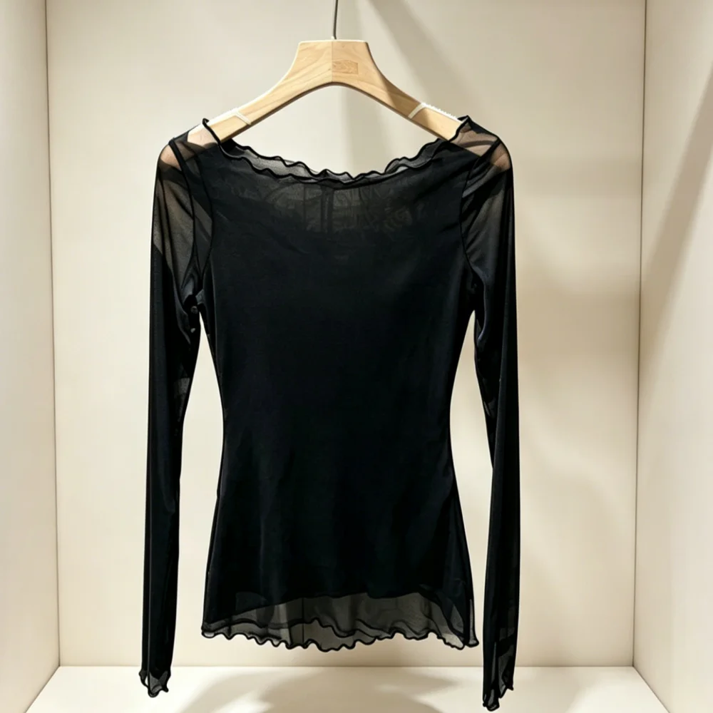 2026 Black Sheer Mesh Long Sleeve Top Ruffle Neckline Slim Fit See-Through Shirt Casual Layering Blouse 032
2026 Black Sheer Mesh Long Sleeve Top Ruffle Neckline Slim Fit See-Through Shirt Casual Layering Blouse 032