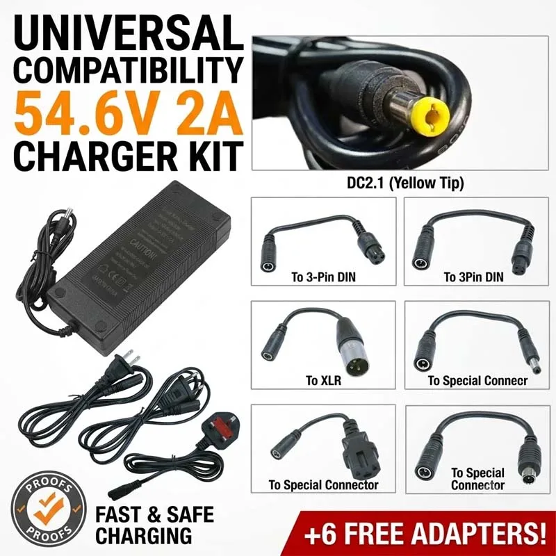 54.6V 2A DC2.1 Lithium Battery Charger with 6 Replaceable Connector Cables US EU UK Plug for Electric Scooter E-Bike
54.6V 2A DC2.1 Lithium Battery Charger with 6 Replaceable Connector Cables US EU UK Plug for Electric Scooter E-Bike