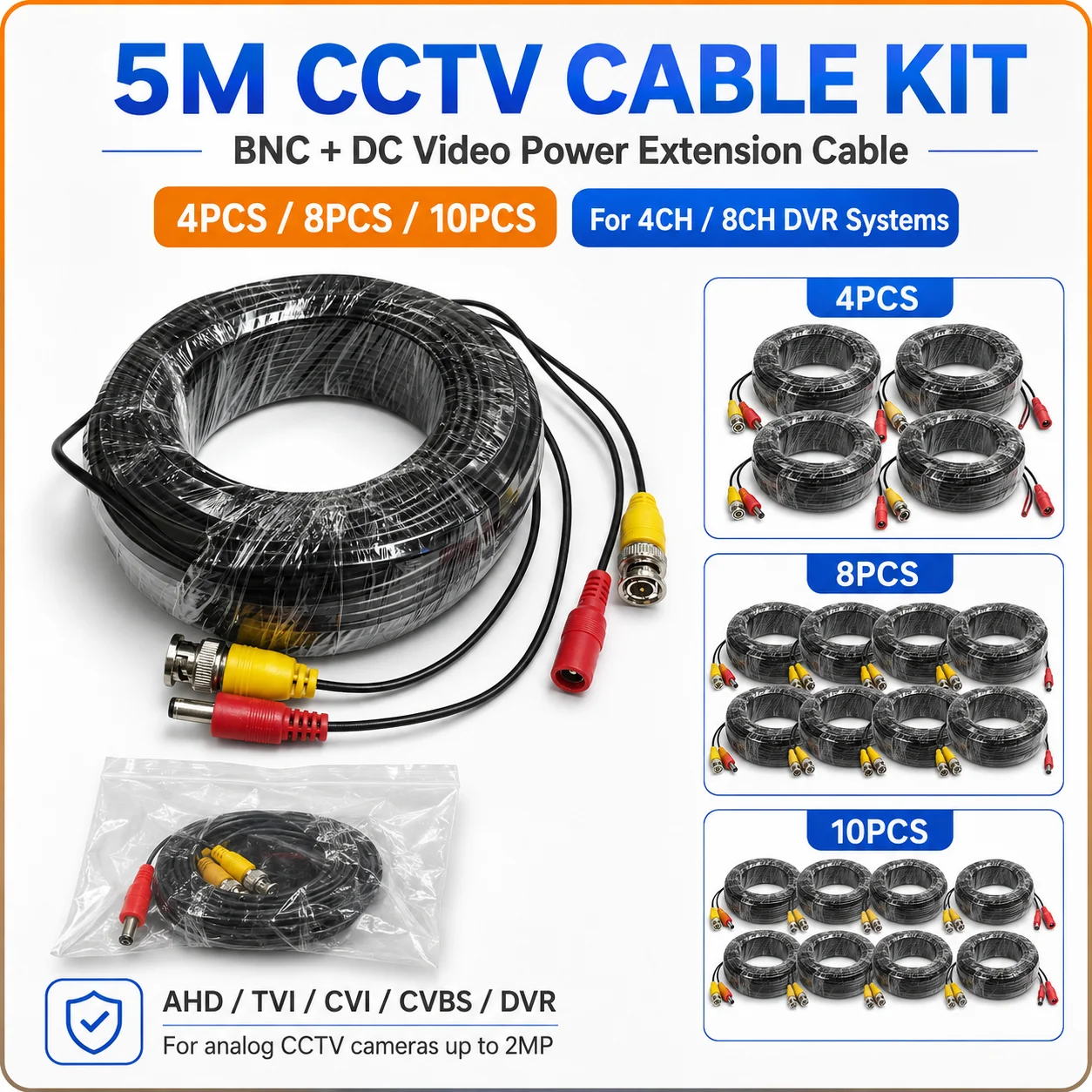 5M BNC DC CCTV Camera Cable Bulk Pack 4/8/10PCS Video Power Extension Cord for DVR Analog AHD TVI CVI CVBS Surveillance System
5M BNC DC CCTV Camera Cable Bulk Pack 4/8/10PCS Video Power Extension Cord for DVR Analog AHD TVI CVI CVBS Surveillance System