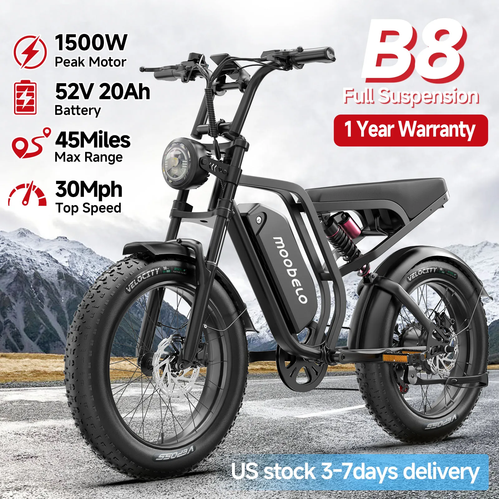 Moobelo B8 All-Weather Winter E-Bike 1500W Peak 30MPH High-Speed Full Suspension Commuter/Off-Road Snow Ebike 1-Year Warranty BLUVALL Urban Commuter Electric Bicycle For Adult
Moobelo B8 All-Weather Winter E-Bike 1500W Peak 30MPH High-Speed Full Suspension Commuter/Off-Road Snow Ebike 1-Year Warranty BLUVALL Urban Commuter Electric Bicycle For Adult