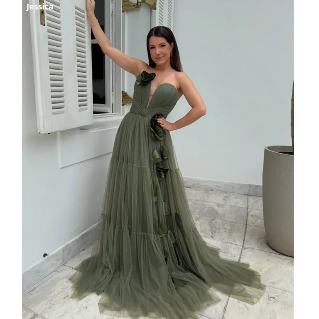 Jessica Handmade Flowers Evening Dresses Green Tulle Prom Dresses V-neck Sexy Off-shoulder Wedding Party Dresses Customized
Jessica Handmade Flowers Evening Dresses Green Tulle Prom Dresses V-neck Sexy Off-shoulder Wedding Party Dresses Customized