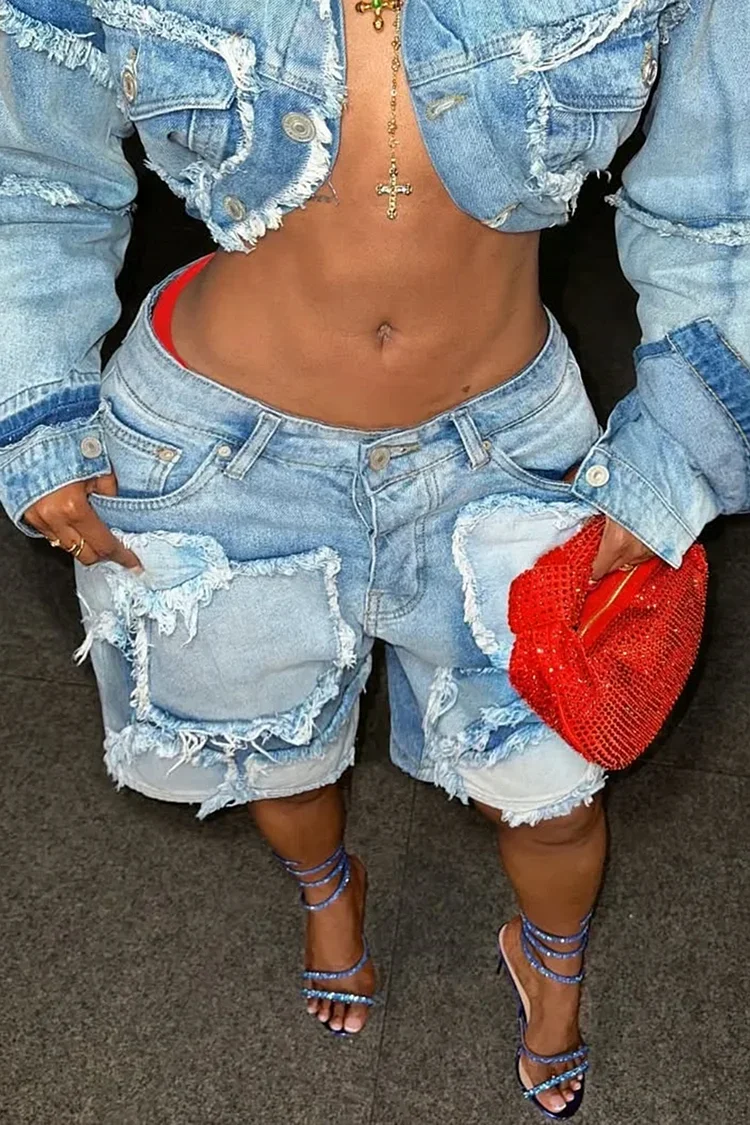 Women's Streetwear Washed Denim Shorts - Frayed Patchwork Hippie Style, Mid-Rise Straight-Leg Button Closure, Long Length Edgy F
Women's Streetwear Washed Denim Shorts - Frayed Patchwork Hippie Style, Mid-Rise Straight-Leg Button Closure, Long Length Edgy F