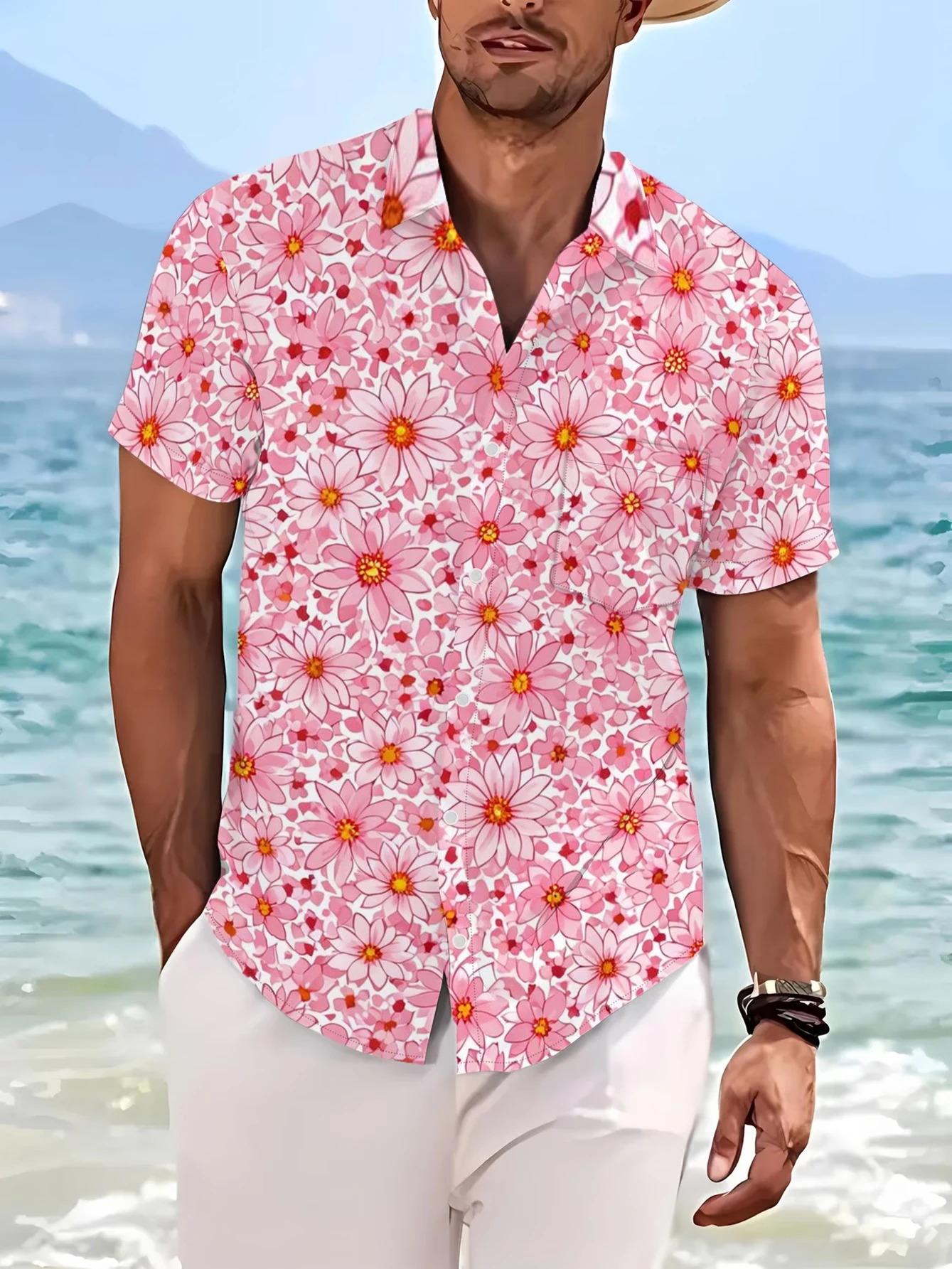 Men's Pink Daisy Floral Print Short Sleeve Shirt with Pocket Casual Hawaiian Button Down Beach Blouse
Men's Pink Daisy Floral Print Short Sleeve Shirt with Pocket Casual Hawaiian Button Down Beach Blouse