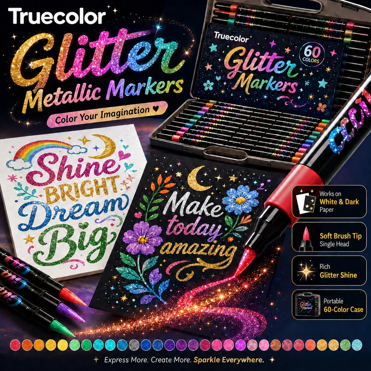 Truecolor 60 Colors Glitter Markers, Sparkly Metallic Soft Brush Pens for DIY Cards & Creative Art
Truecolor 60 Colors Glitter Markers, Sparkly Metallic Soft Brush Pens for DIY Cards & Creative Art