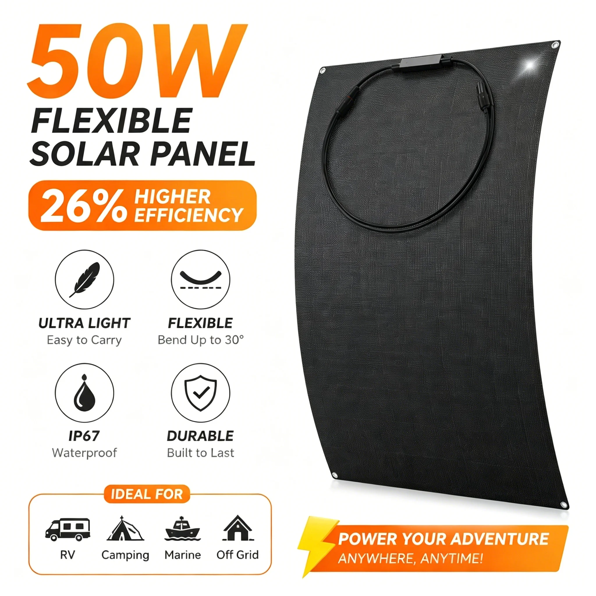 50 Watt Solar Panels HPBC Back Contact Solar Cells 26% High Efficiency Portable ETFE Flexible Solar Panel No Busbar
50 Watt Solar Panels HPBC Back Contact Solar Cells 26% High Efficiency Portable ETFE Flexible Solar Panel No Busbar