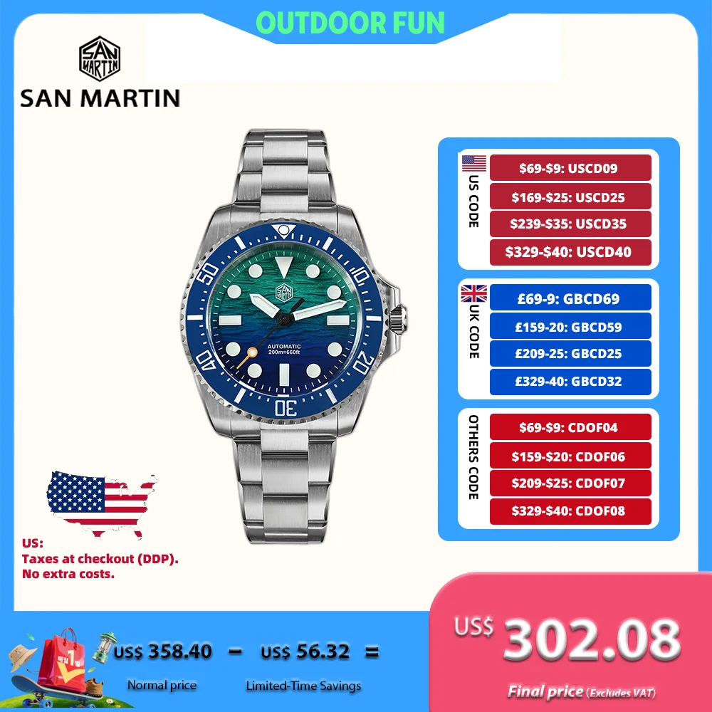 Мужские часы San Martin 38 мм с градиентным волнообразным циферблатом, механизм Miyota 90S5, автоматический механизм, подсветка BGW-X1, водонепроницаемость 20ATM, регулируемый браслет OTF, модель SN0126GS.
Мужские часы San Martin 38 мм с градиентным волнообразным циферблатом, механизм Miyota 90S5, автоматический механизм, подсветка BGW-X1, водонепроницаемость 20ATM, регулируемый браслет OTF, модель SN0126GS.